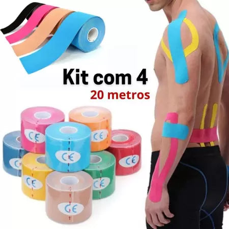 Kit com 4 Fita Kinésio Tape Bandagem - Adesivo Muscular